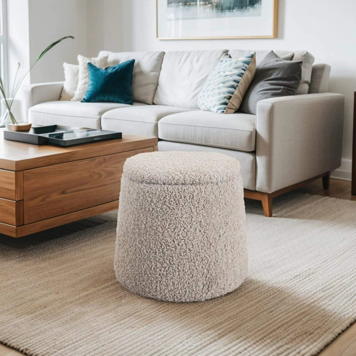 Round Storage Ottoman | Beige Boucle Fabric | Lift Top Design