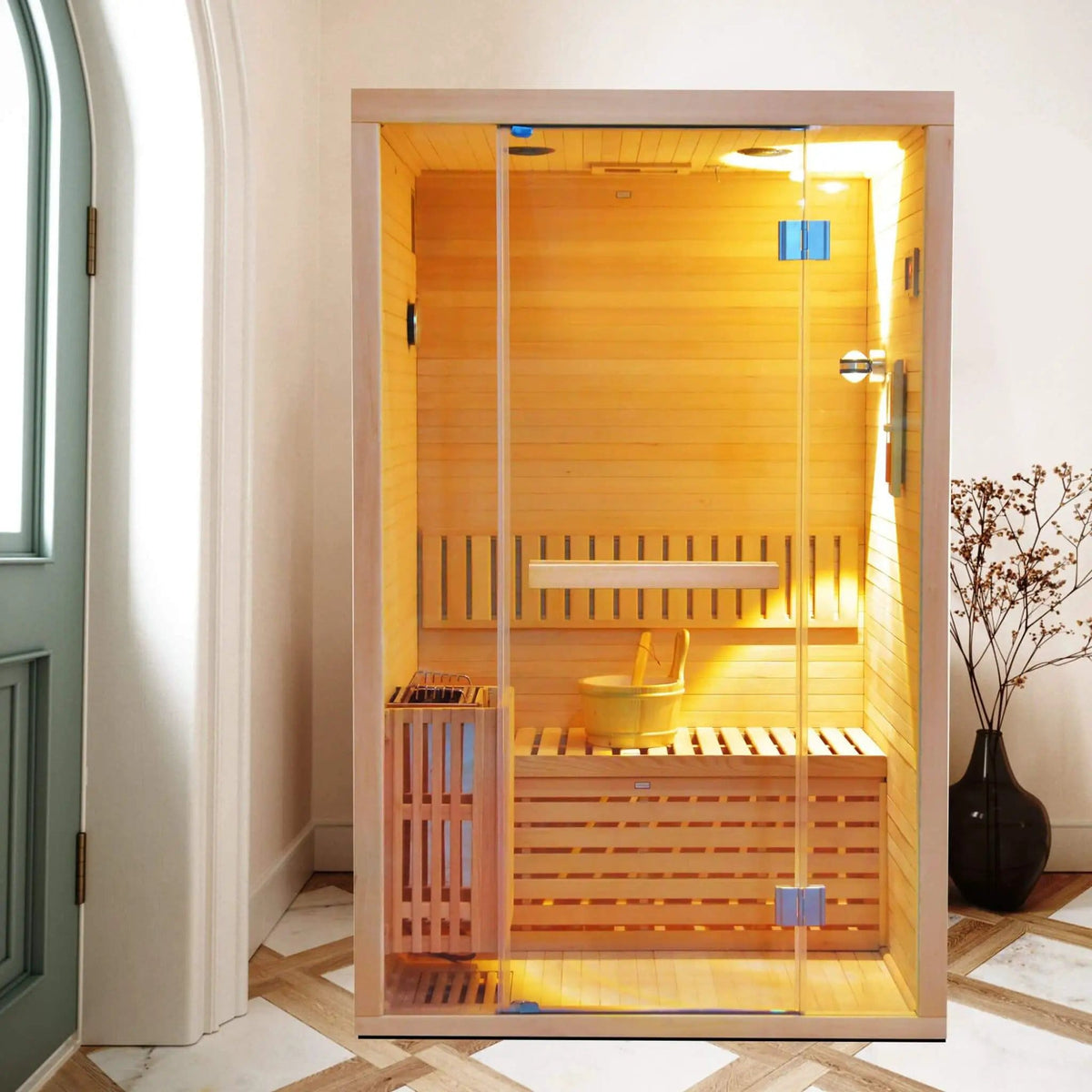 Alpine Premium 2-Person 3KW Hemlock Wood Sauna With LED Wall Light | 2-Person | 3 kW | Outdoor Living
