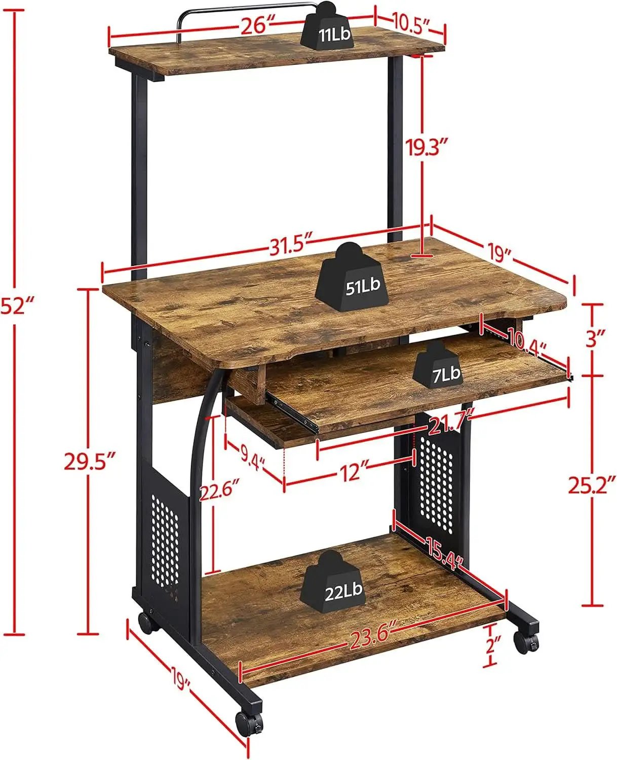 Three Tier Rolling Computer Desk with Keyboard Tray from PriceLows™