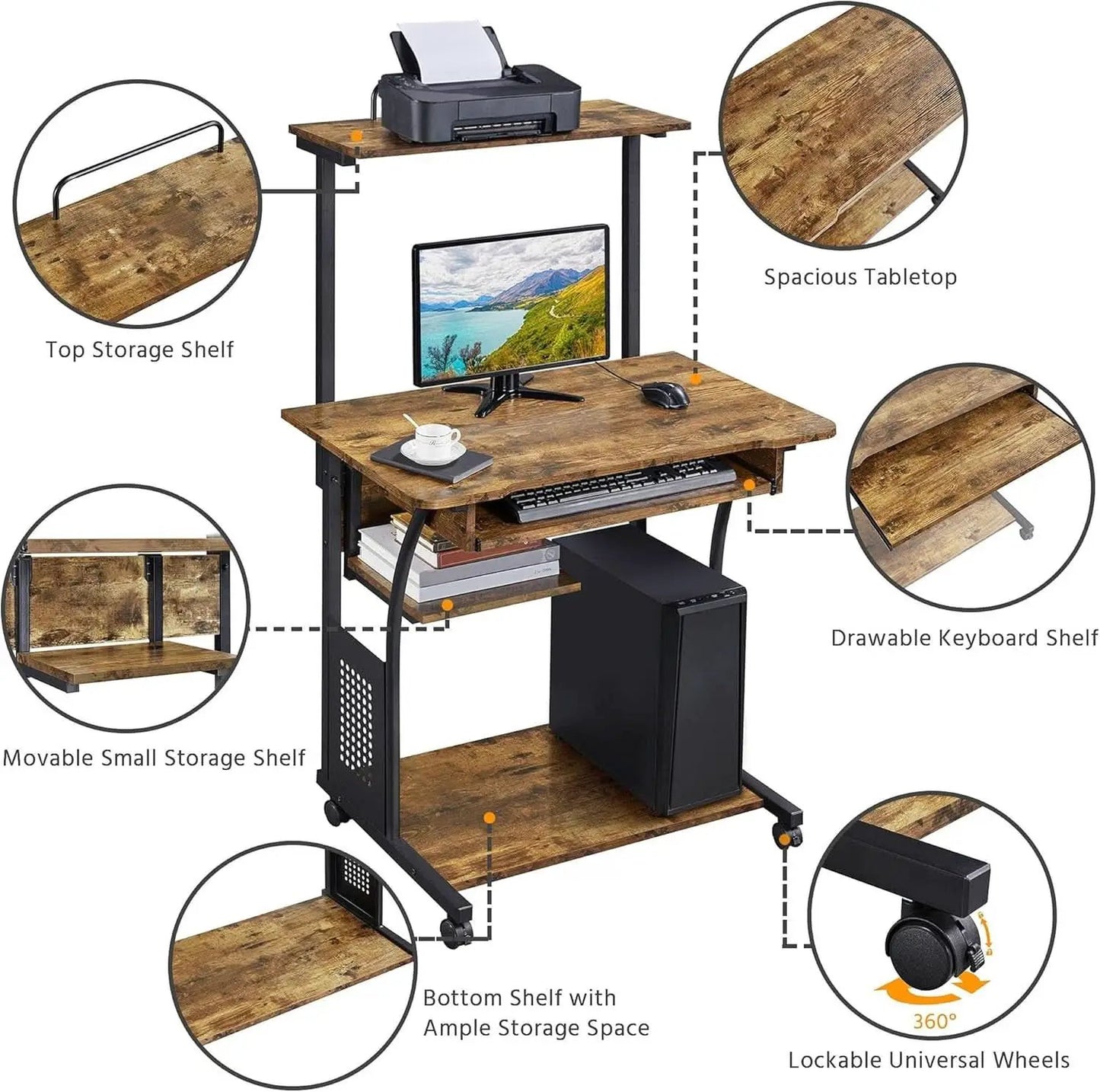 Three Tier Rolling Computer Desk with Keyboard Tray from PriceLows™