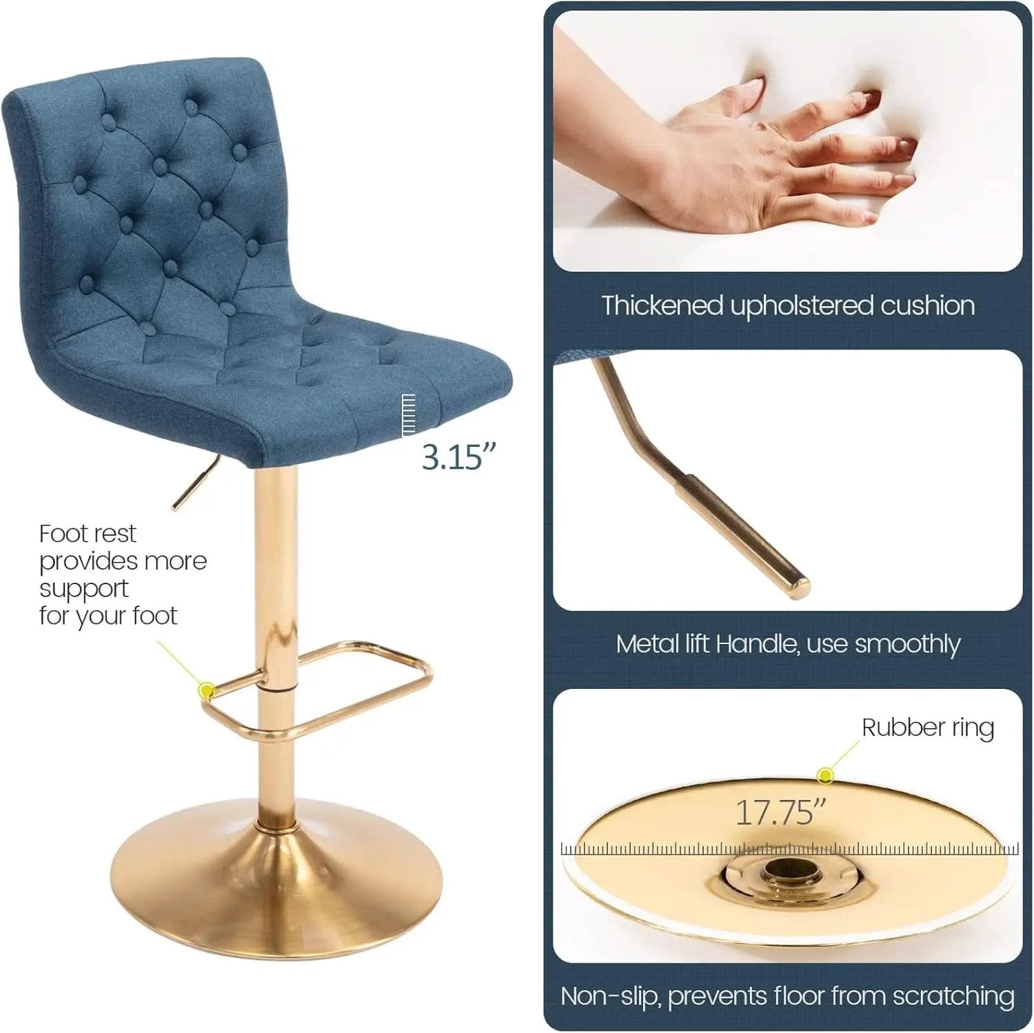 Tufted Fabric Bar Stool Set Of 2 Blue Upholstered Swivel Counter Height Chairs from PriceLows™