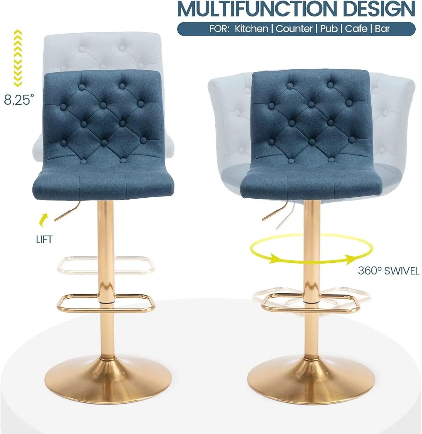 Tufted Fabric Bar Stool Set Of 2 Blue Upholstered Swivel Counter Height Chairs from PriceLows™