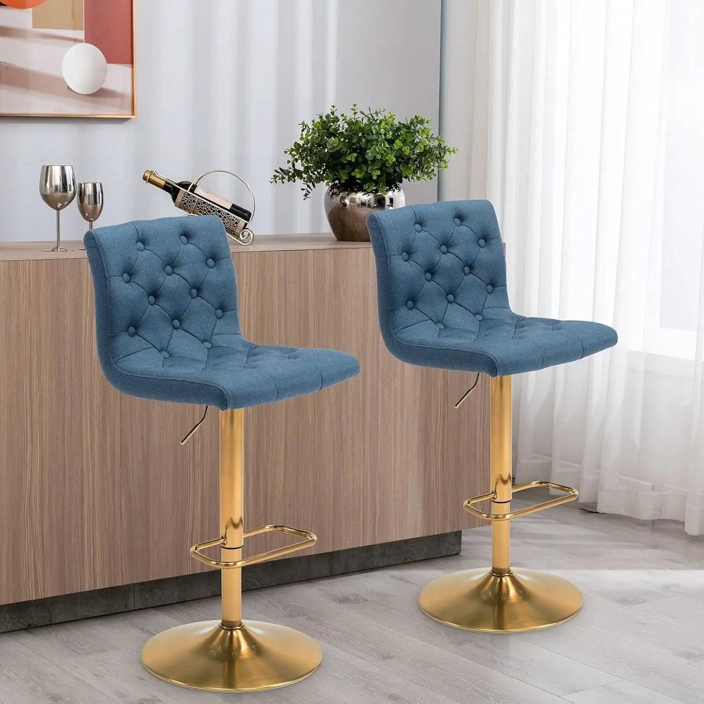 Tufted Fabric Bar Stool Set Of 2 Blue Upholstered Swivel Counter Height Chairs from PriceLows™