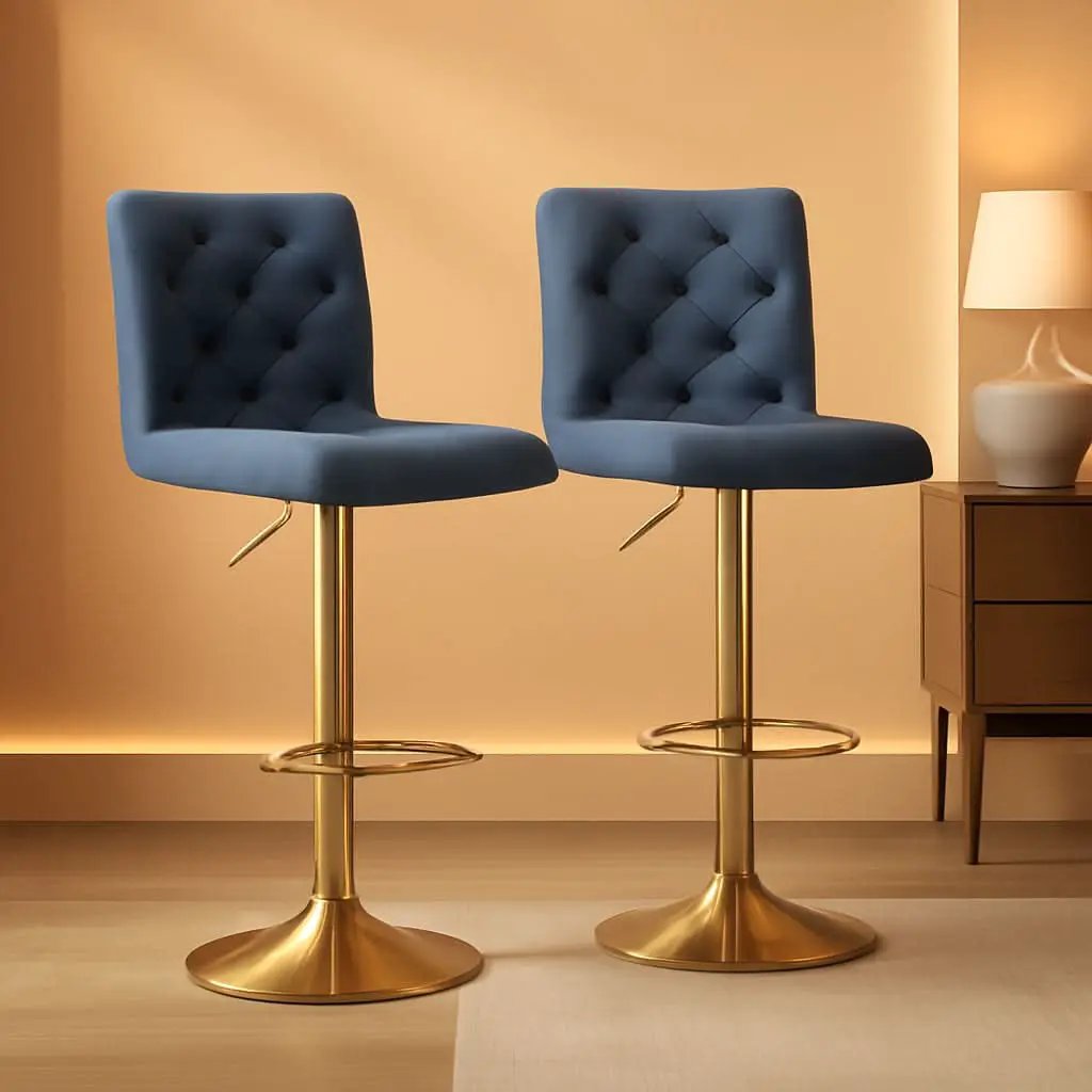 Tufted Fabric Bar Stool Set Of 2 Blue Upholstered Swivel Counter Height Chairs from PriceLows™