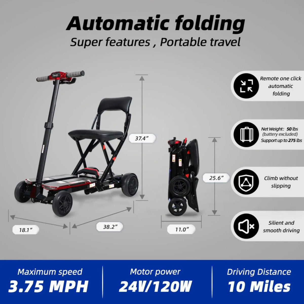 Ultra Lightweight 4-Wheel Folding Mobility Scooter With Remote For Adults And Elderly | Home Use | Everyday Use | Home