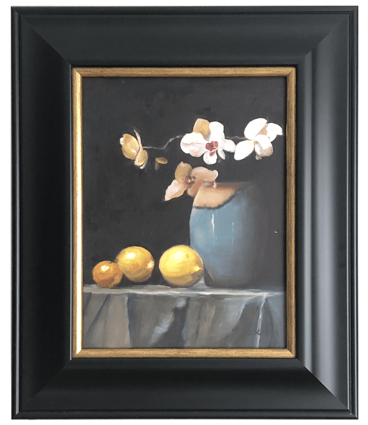 Framed Art Oil Painting - Still Life with Orchids and Lemons | Collectible Vintage | Pre-Owned Piece | Collectors & Hosts