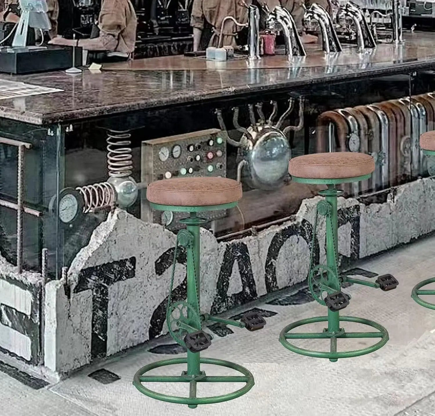 Antique Green Height Adjustable Bar Stool Set Of 2 With Bicycle Wheel Design from PriceLows™