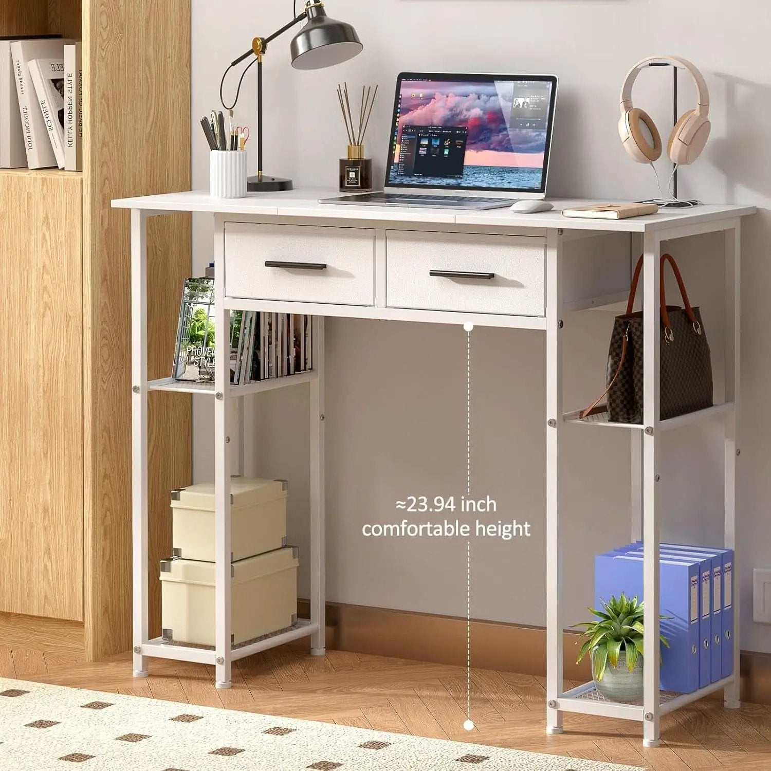White Computer Desk 37.3 Inch With Drawers And Storage Shelves from PriceLows™