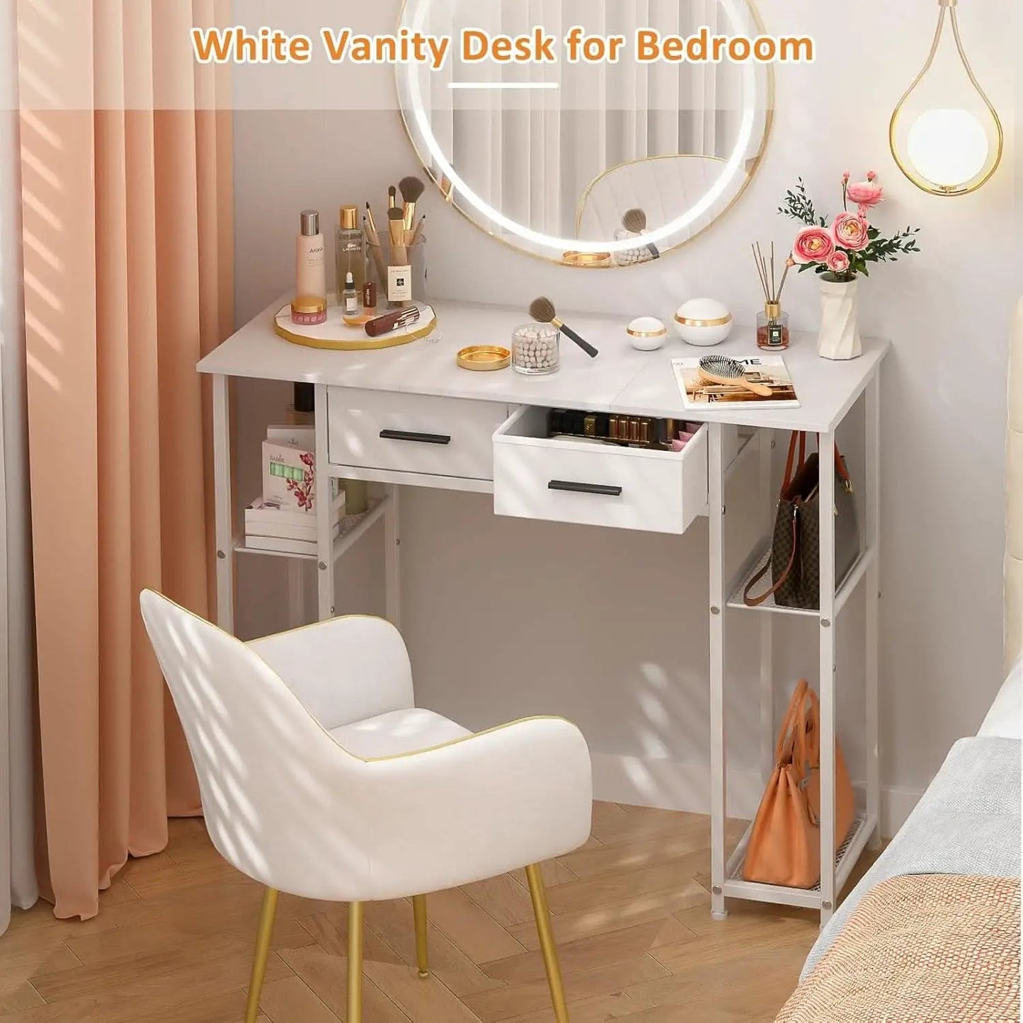 White Computer Desk 37.3 Inch With Drawers And Storage Shelves from PriceLows™