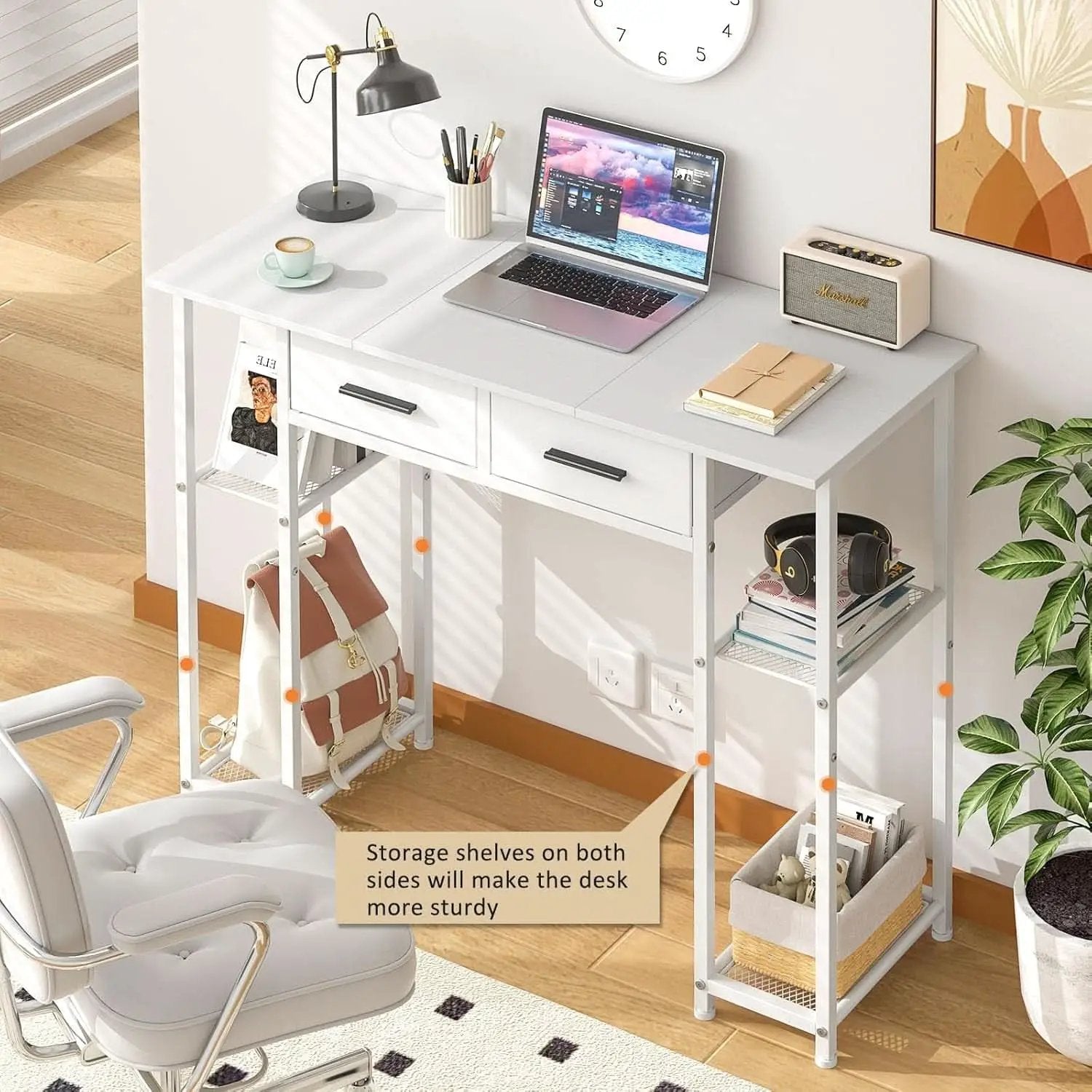 White Computer Desk 37.3 Inch With Drawers And Storage Shelves from PriceLows™