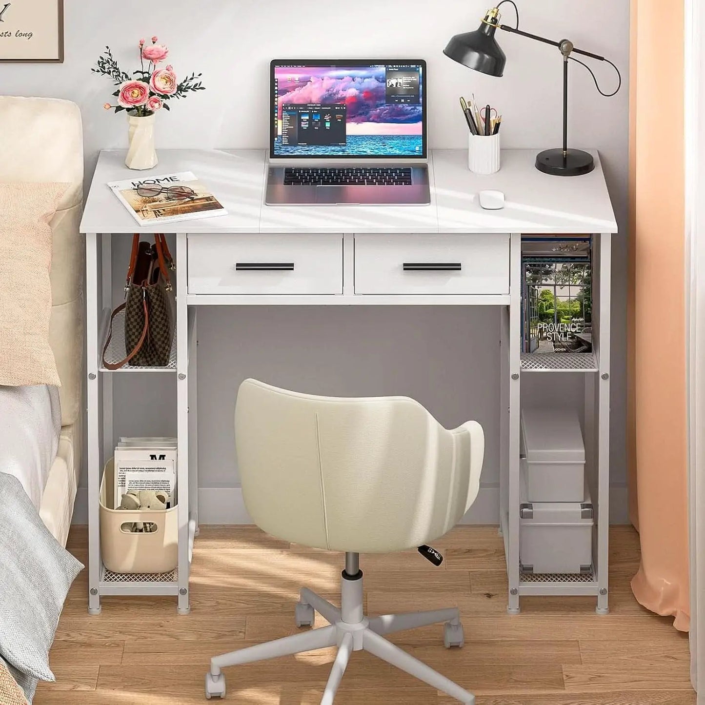 White Computer Desk 37.3 Inch With Drawers And Storage Shelves from PriceLows™