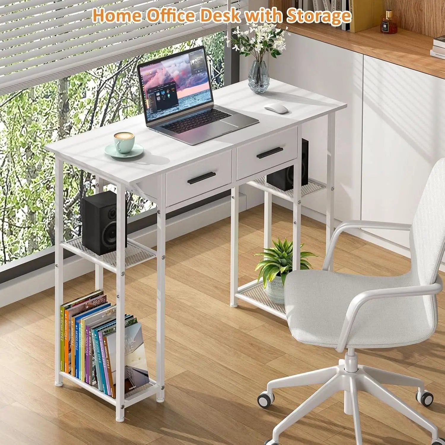 White Computer Desk 37.3 Inch With Drawers And Storage Shelves from PriceLows™