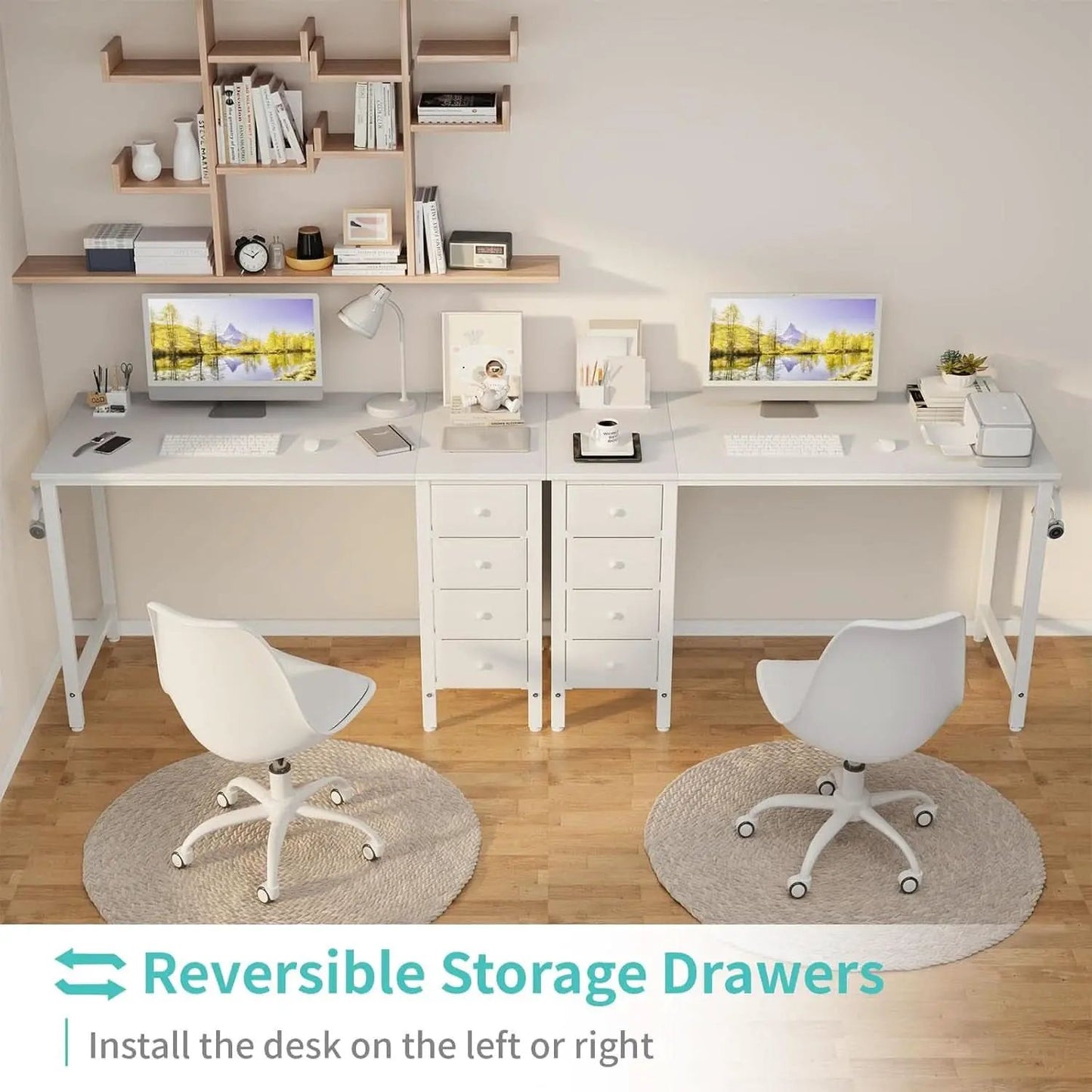 White Computer Desk With Fabric Drawers 47 Inch Reversible Study Desk from PriceLows™