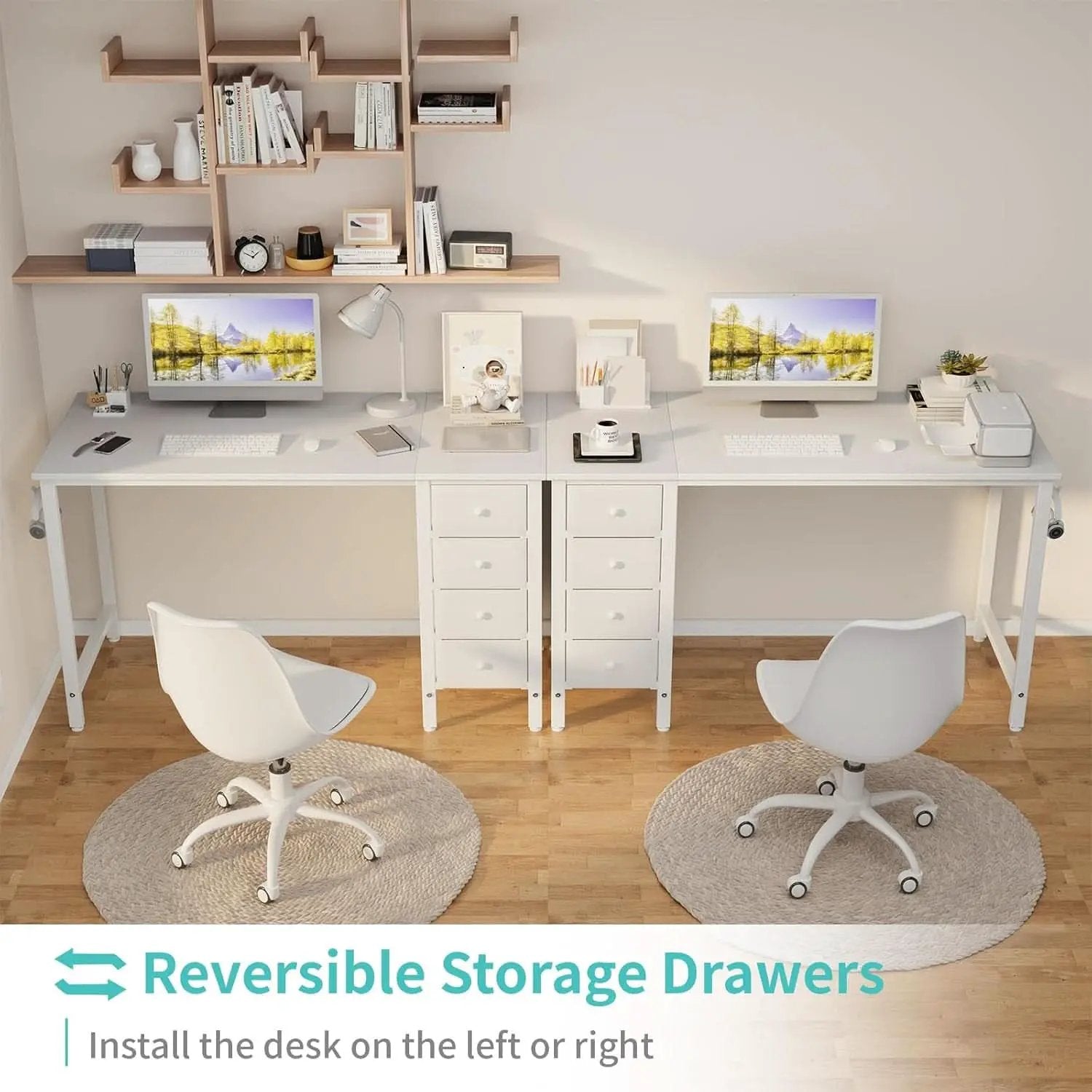 White Computer Desk With Fabric Drawers 47 Inch Reversible Study Desk from PriceLows™