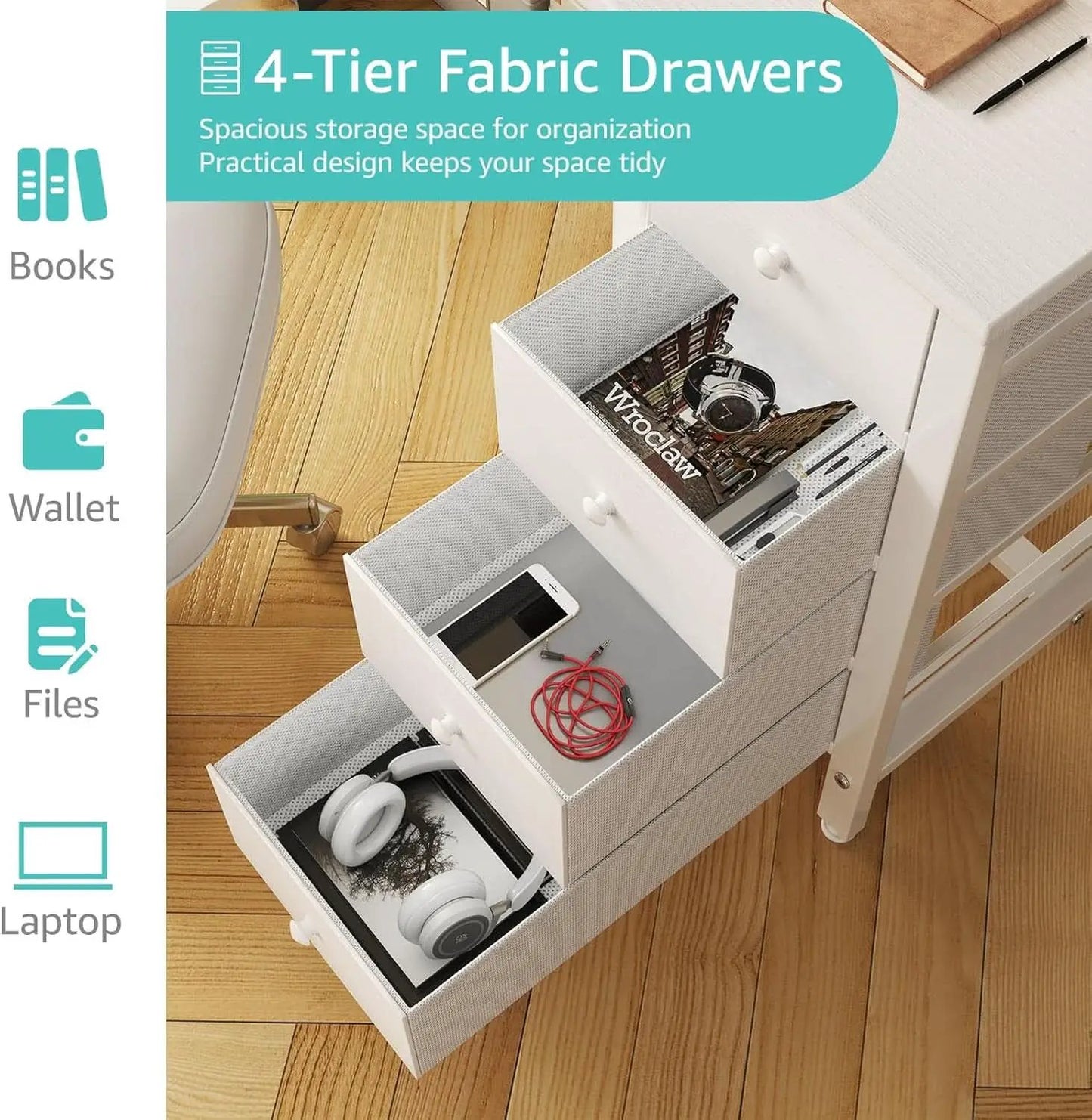White Computer Desk With Fabric Drawers 47 Inch Reversible Study Desk from PriceLows™