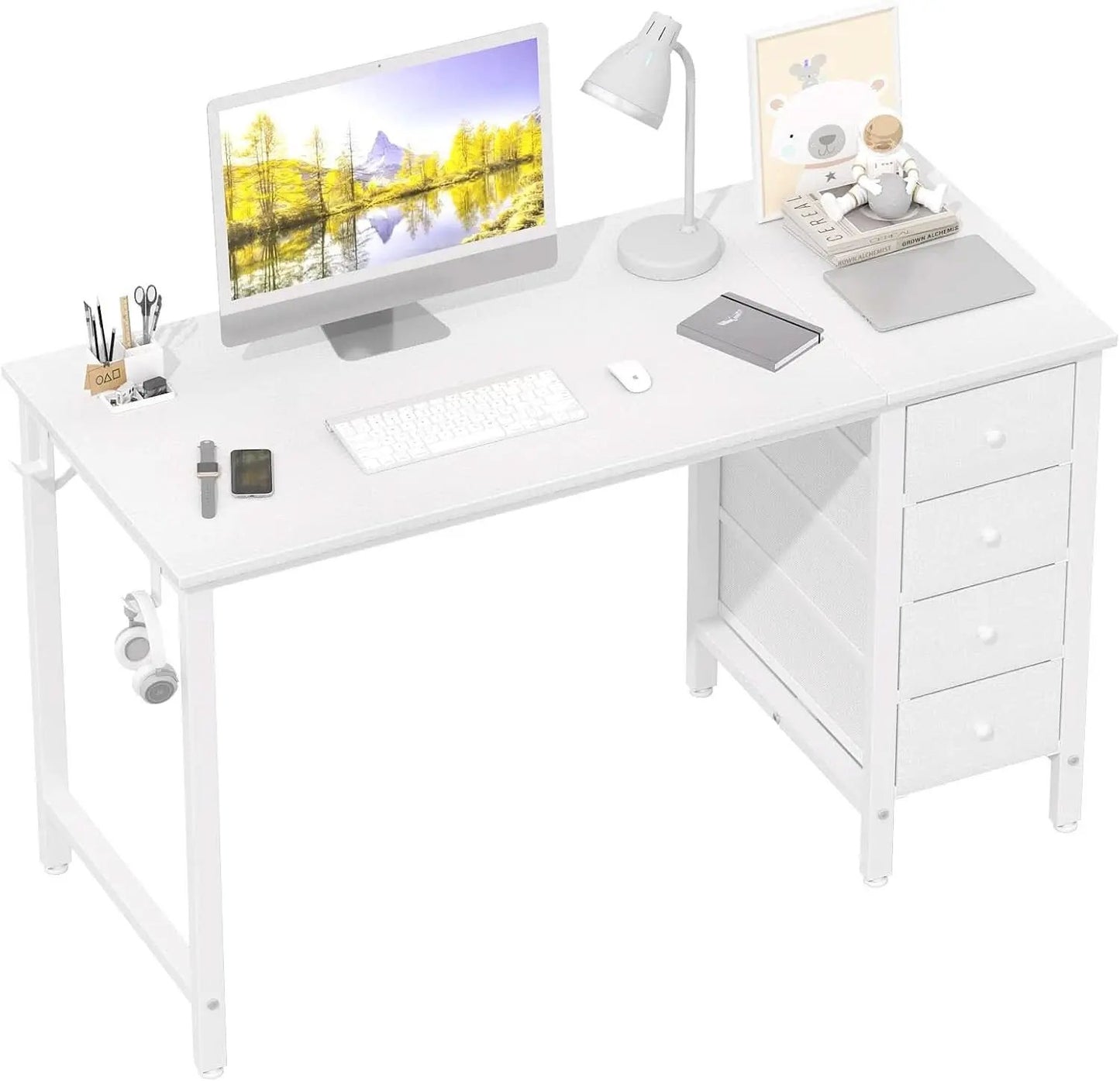 White Computer Desk With Fabric Drawers 47 Inch Reversible Study Desk from PriceLows™