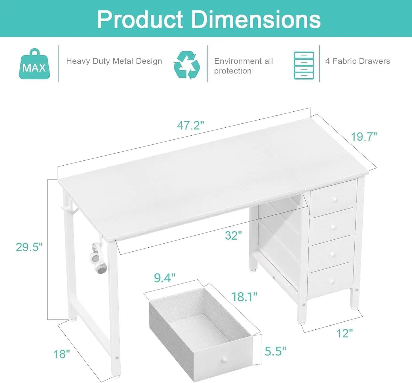 White Computer Desk With Fabric Drawers 47 Inch Reversible Study Desk from PriceLows™