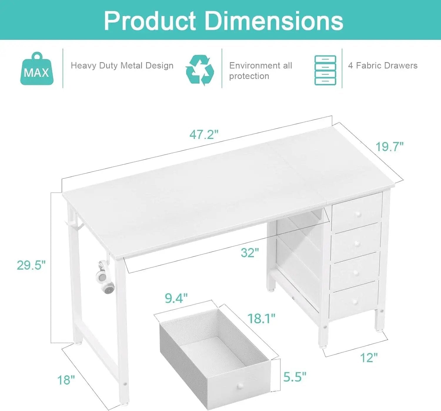 White Computer Desk With Fabric Drawers 47 Inch Reversible Study Desk from PriceLows™