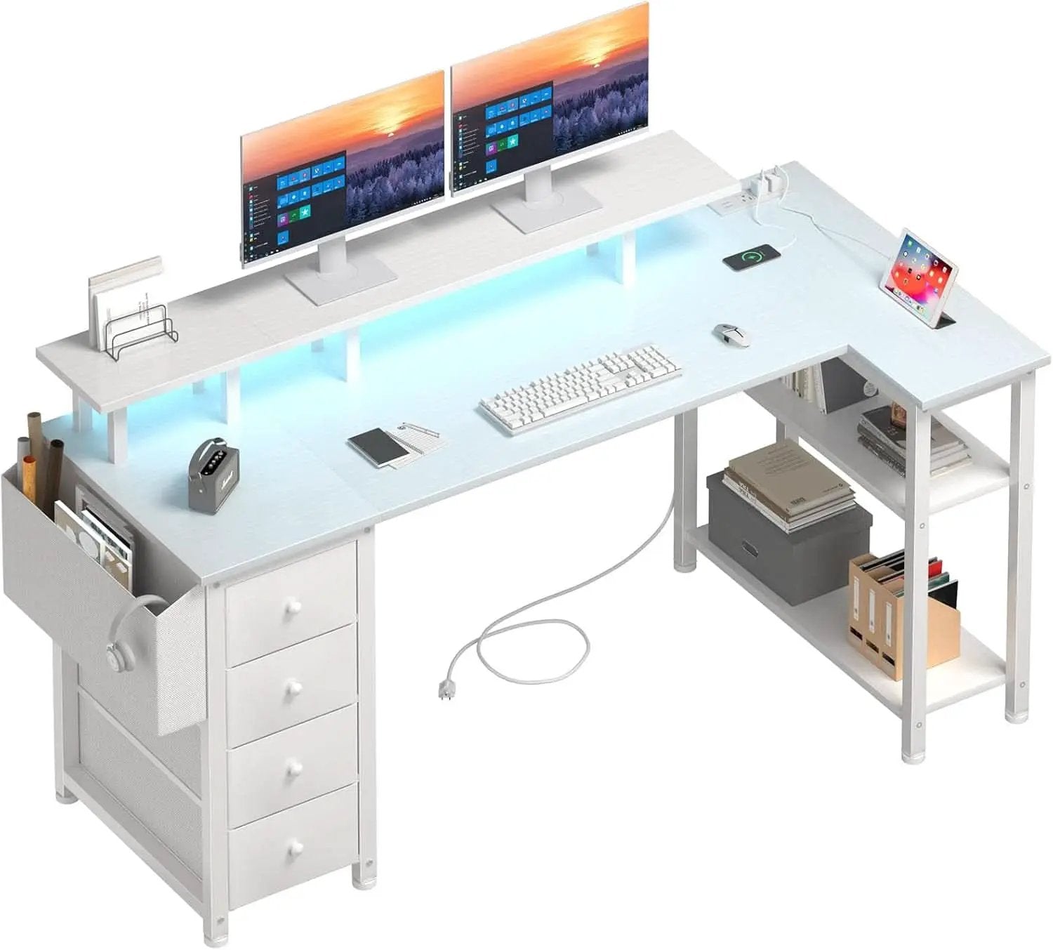 White L Shaped Desk With Monitor Stand 55 Inch LED Lighting from PriceLows™