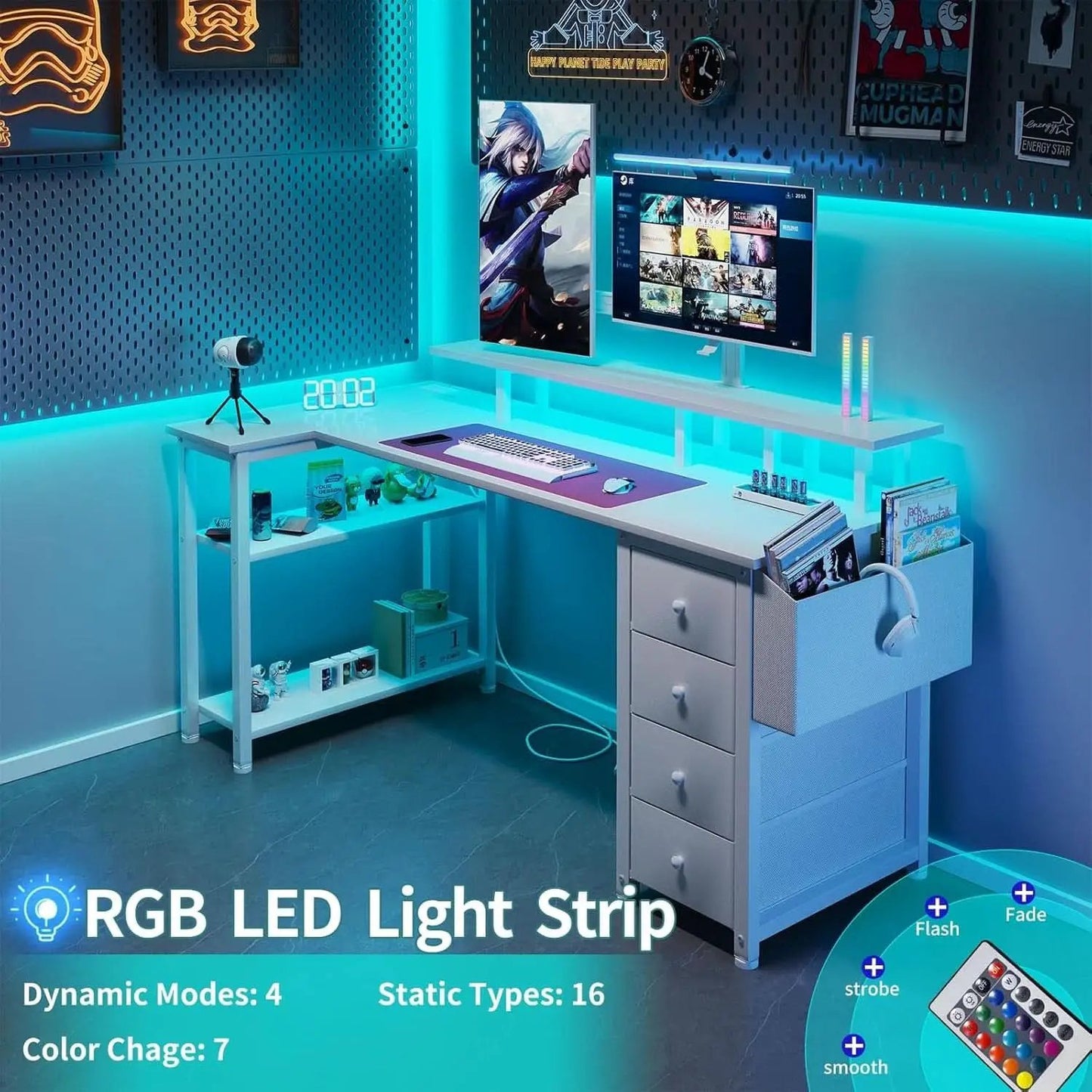 White L Shaped Desk With Monitor Stand 55 Inch LED Lighting from PriceLows™