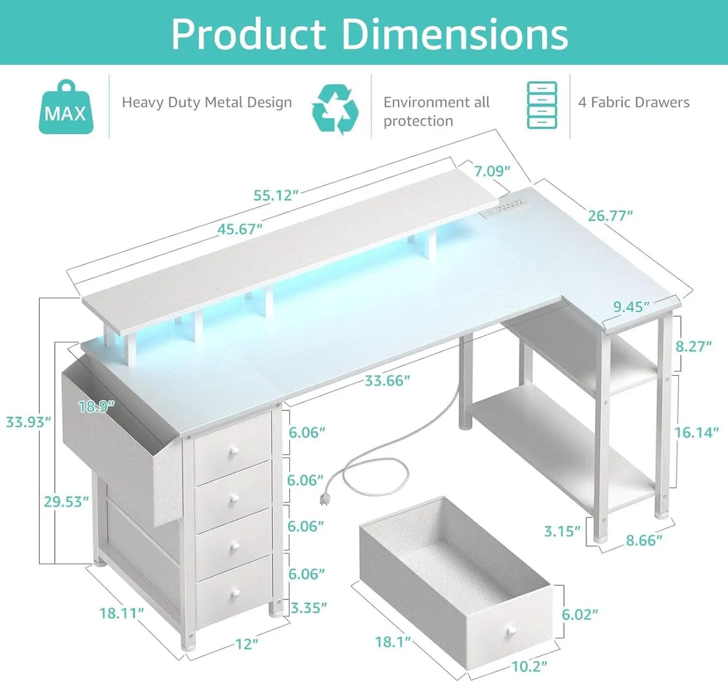 White L Shaped Desk With Monitor Stand 55 Inch LED Lighting from PriceLows™