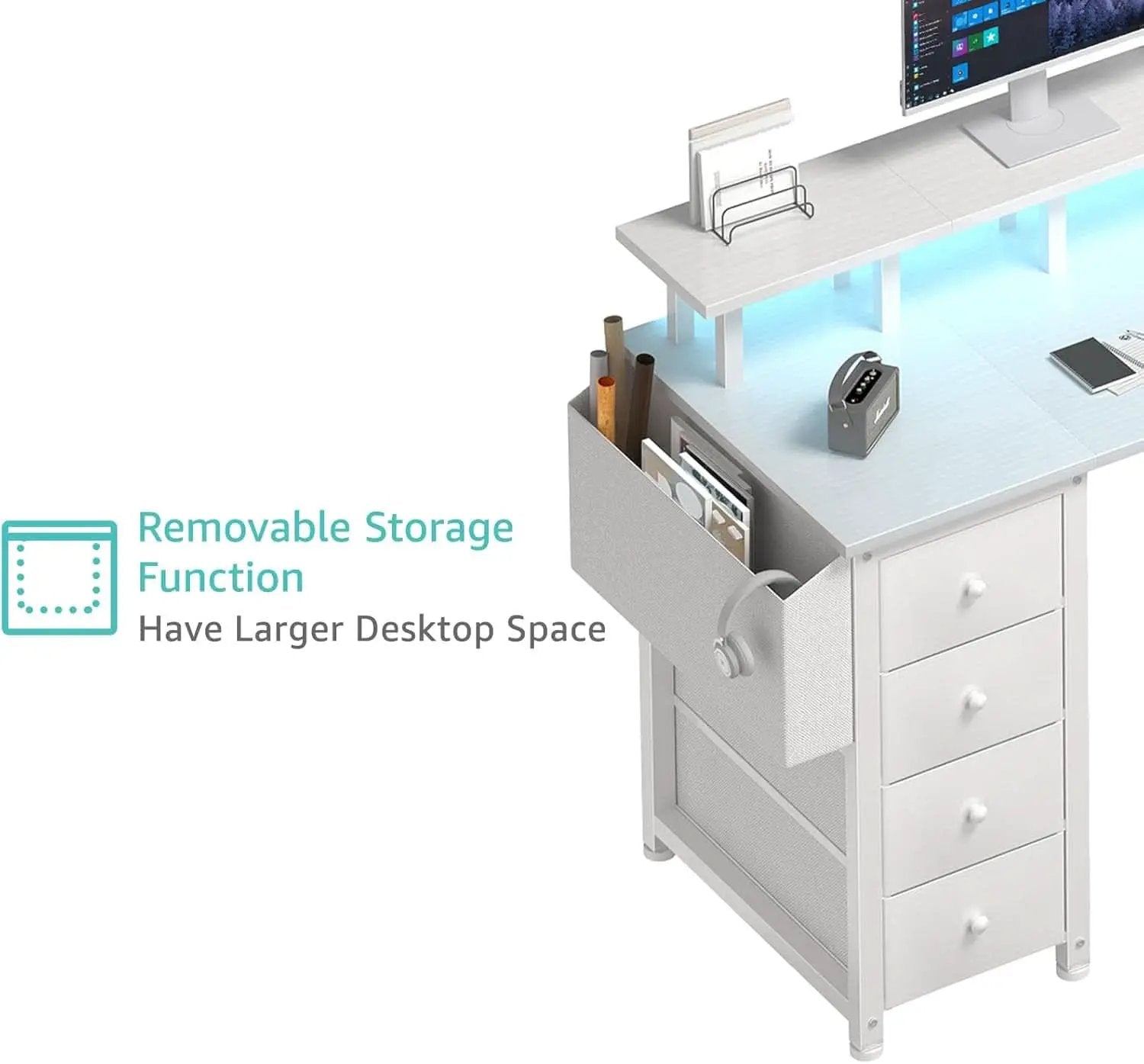 White L Shaped Desk With Monitor Stand 55 Inch LED Lighting from PriceLows™
