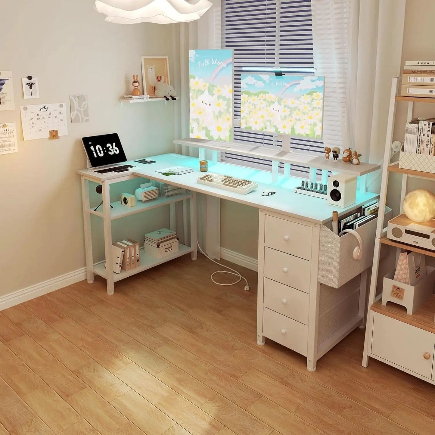 White L Shaped Desk With Monitor Stand 55 Inch LED Lighting from PriceLows™