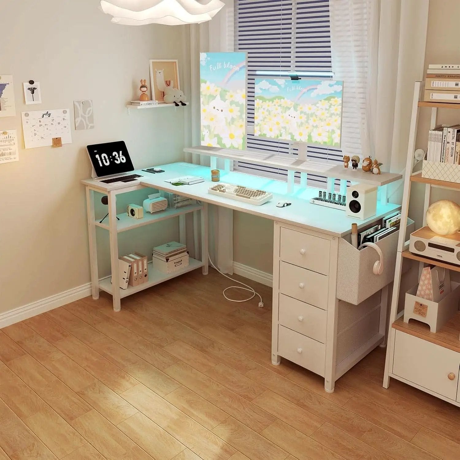 White L Shaped Desk With Monitor Stand 55 Inch LED Lighting from PriceLows™
