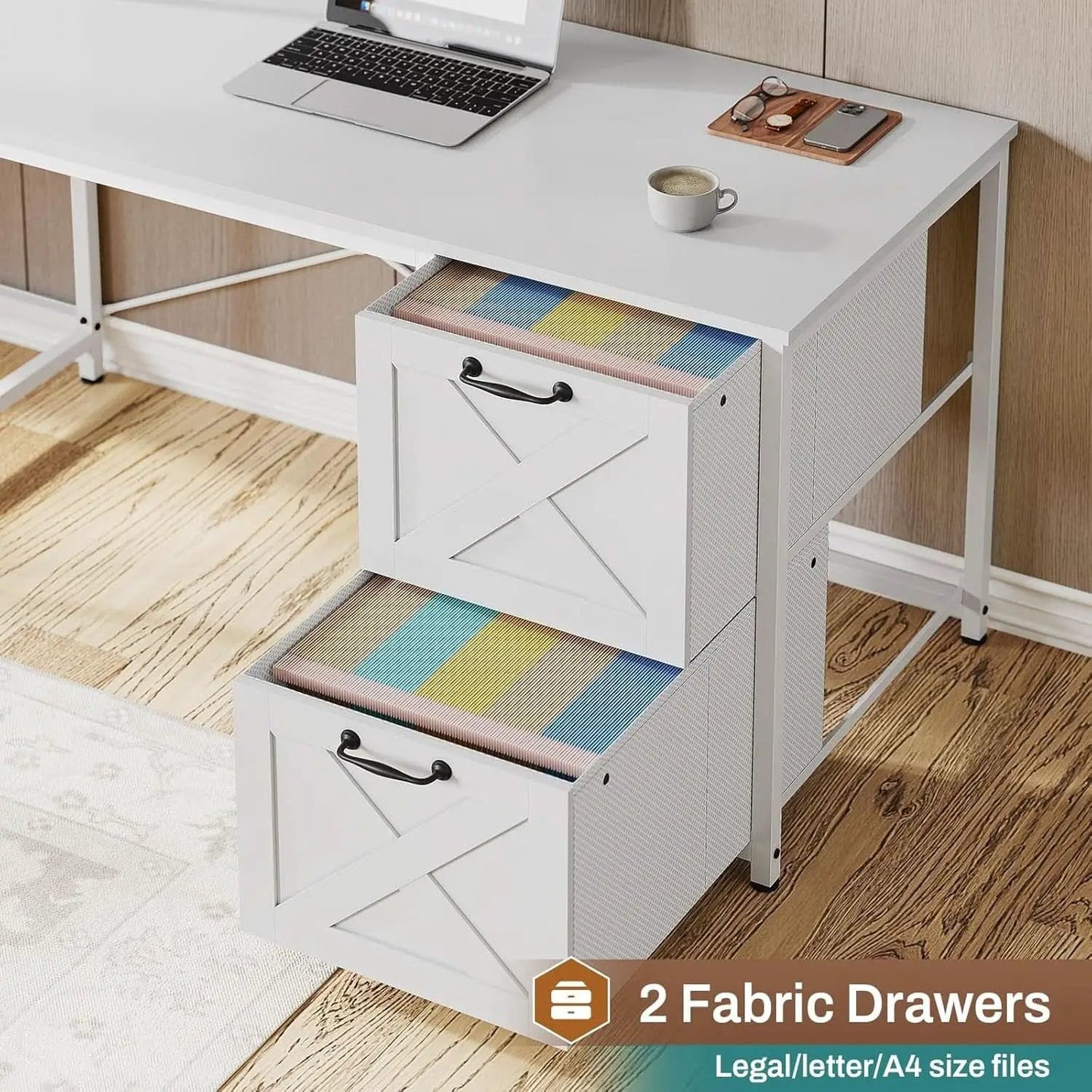 White L Shaped Desk With Fabric File Drawers And Storage from PriceLows™