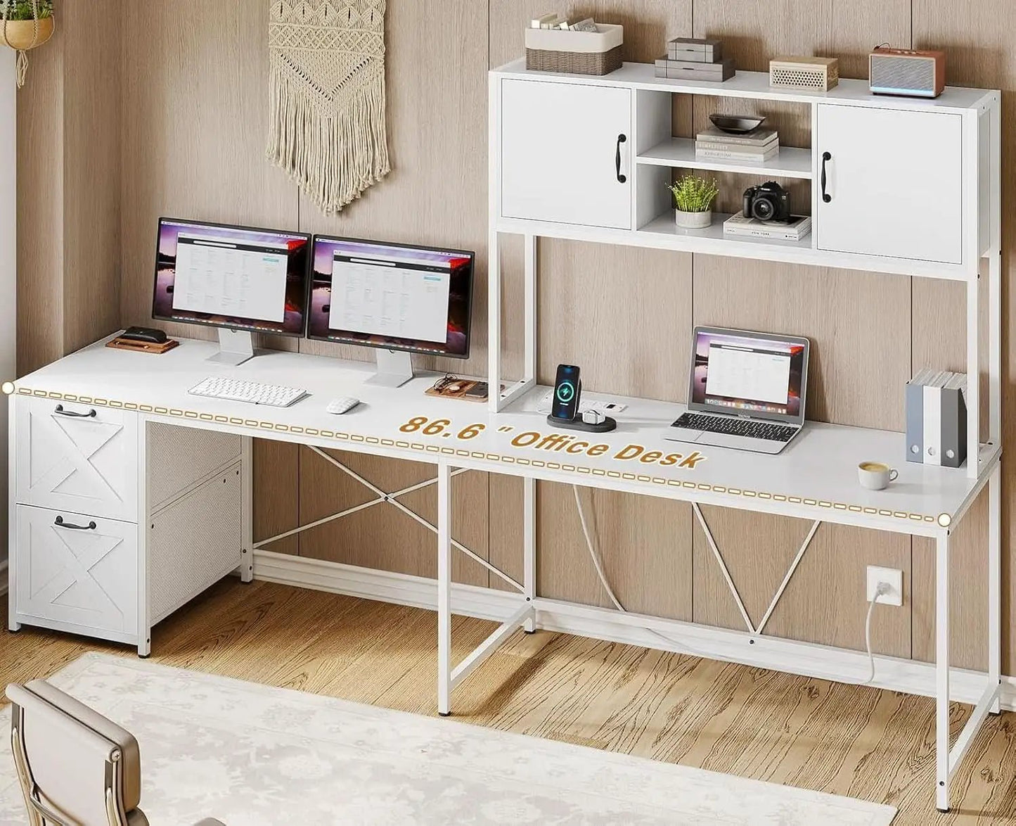 White L Shaped Desk With Fabric File Drawers And Storage from PriceLows™