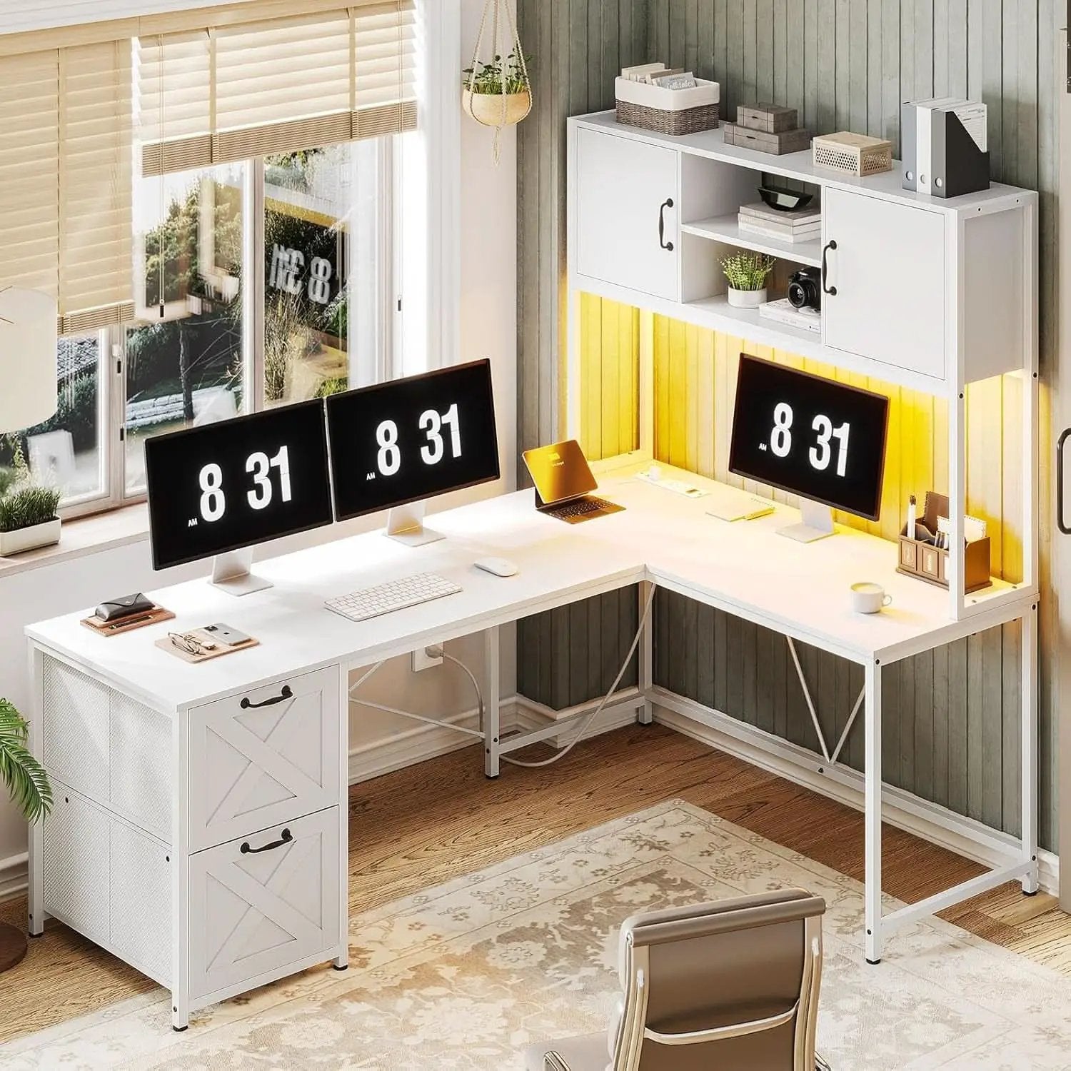 White L Shaped Desk With Fabric File Drawers And Storage from PriceLows™
