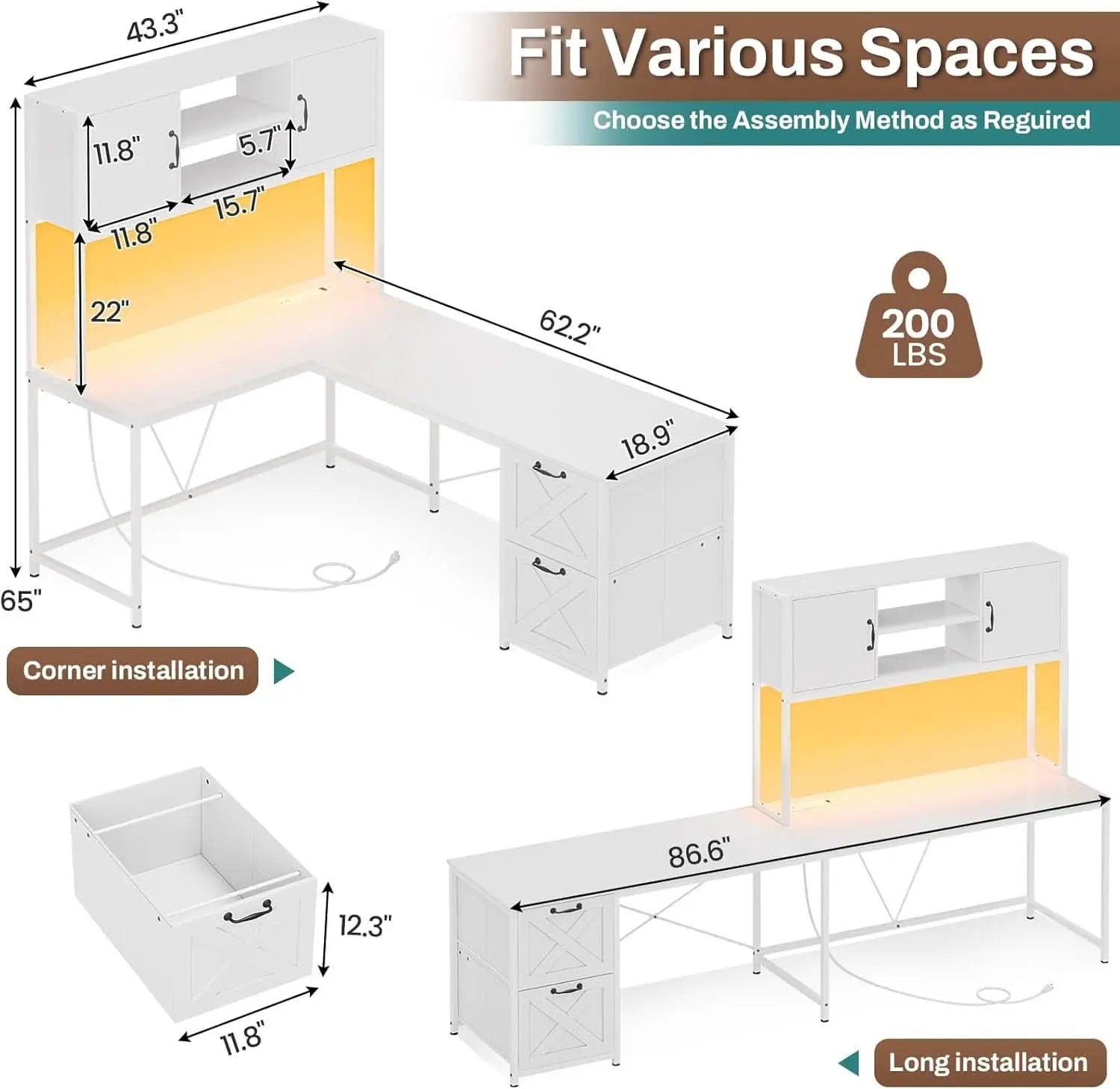 White L Shaped Desk With Fabric File Drawers And Storage from PriceLows™