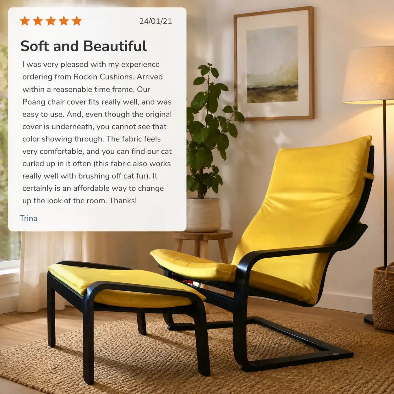 Bright Yellow Velvet Poäng Slipcovers – Compatible with IKEA Poäng Chair & Footstool – Luxurious Polyester Velvet from PriceLows™