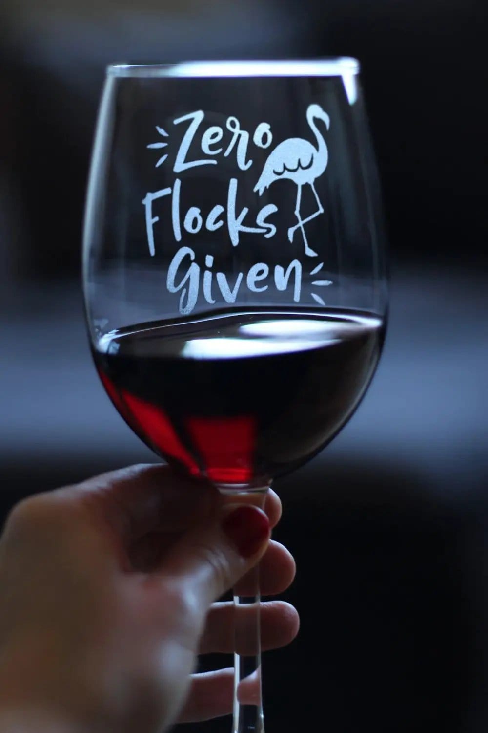 Etched Stemless Wine Glass | 16.5 oz | Dishwasher Safe | Zero Flocks Given - Cute Funny Flamingo (Style 2)