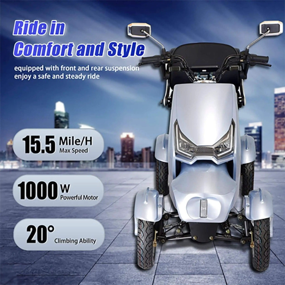 Zvg Heavy-Duty 1000W 60V/20AH 330LBS Four-Wheel All-Terrain Travel Mobility Scooter | 330 lb | 60 Volt | Home