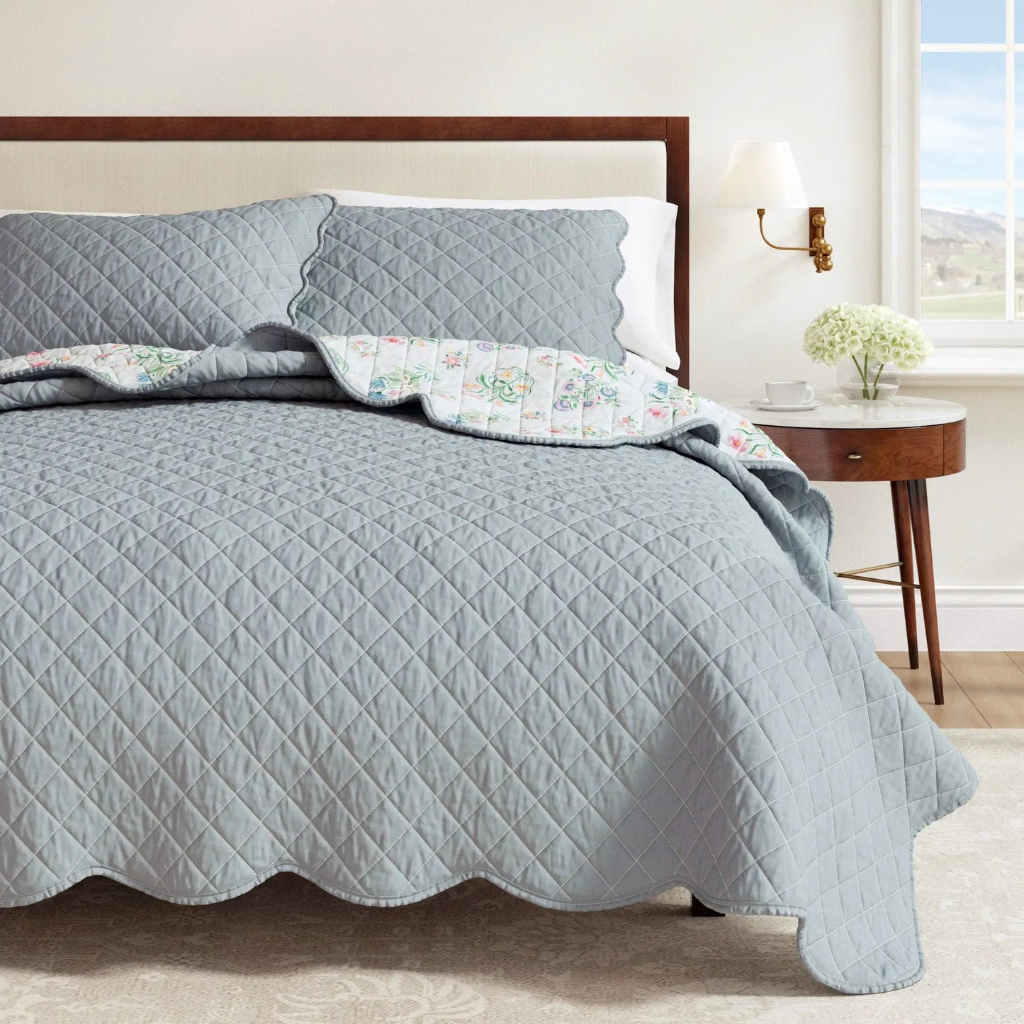 Floral Print & Scallopeded Edge Cotton Quilt Set - Katrin Collection from PriceLows™